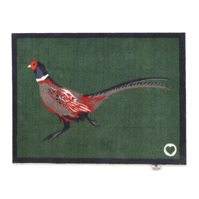 Hug Rug Pheasant 2 Green doormat featuring a red and dark blue pheasant with long tail feathers on a forest green background with black border, 65cm x 85cm