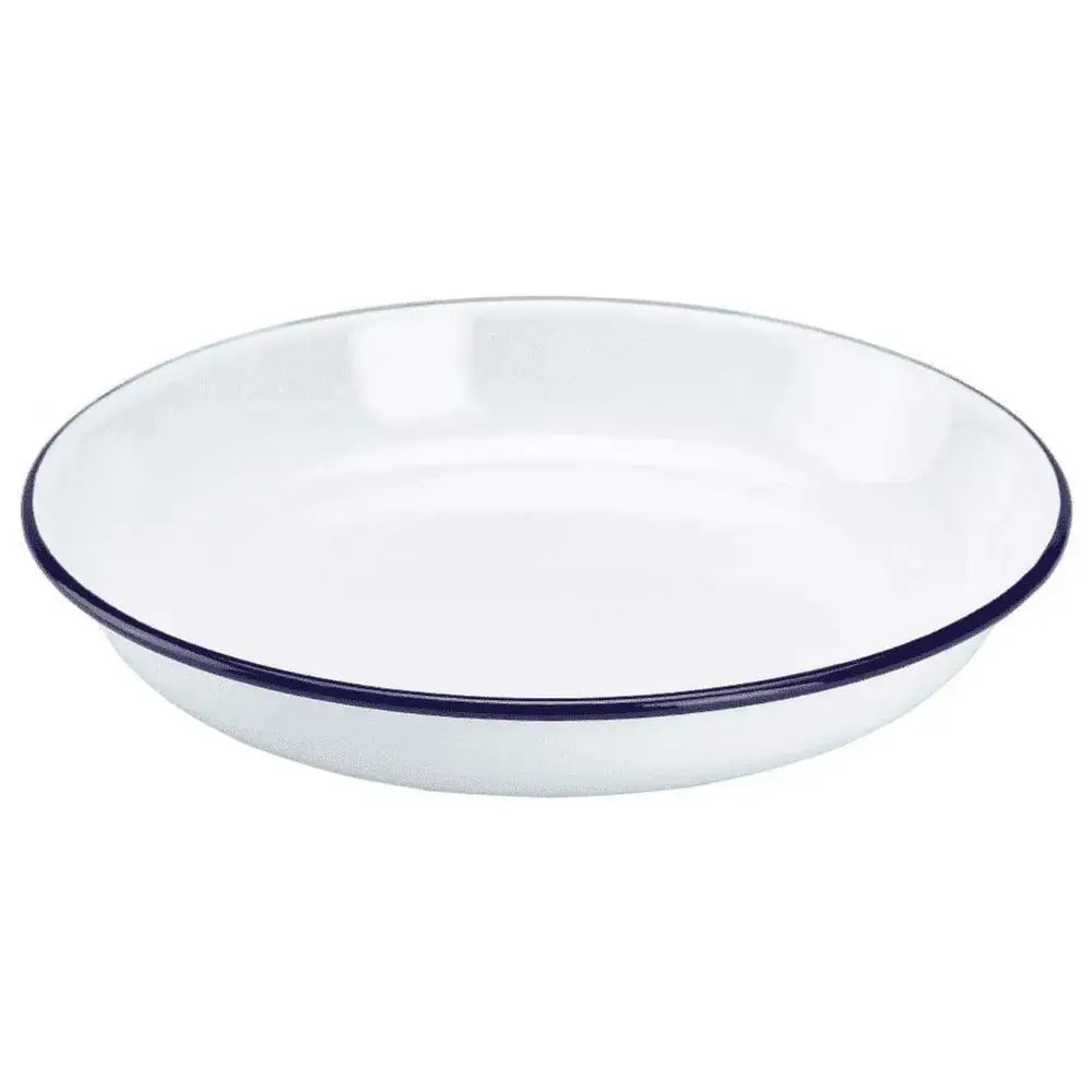 Falcon 24cm white enamel rice and pasta dish with navy blue rim, shallow bowl design shown against white background