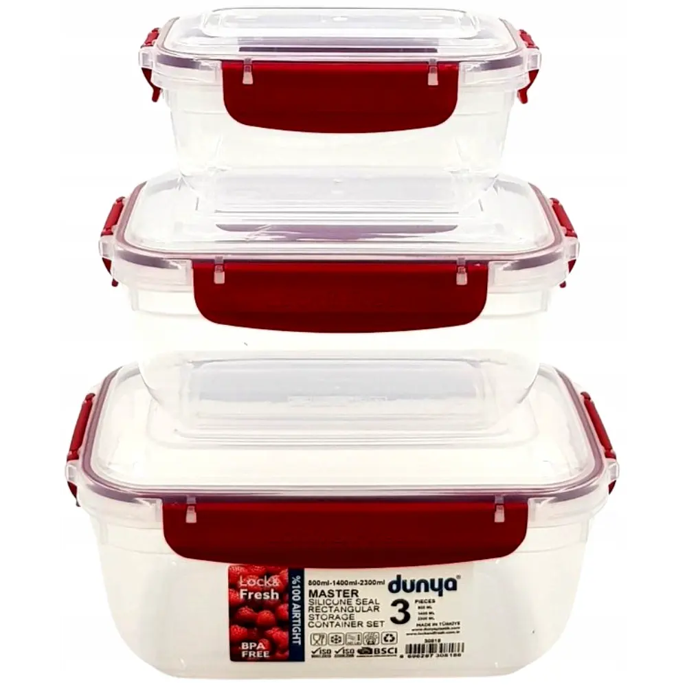 Three-piece rectangular food storage container set by Dunya with clear plastic bodies, red silicone seals and red clip handles, stacked to show graduated sizes from 500ml to 2300ml capacity, featuring airtight locking lids and BPA-free design