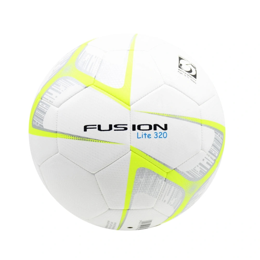 White soccer ball with neon green accents and 'Fusion' branding on a white background