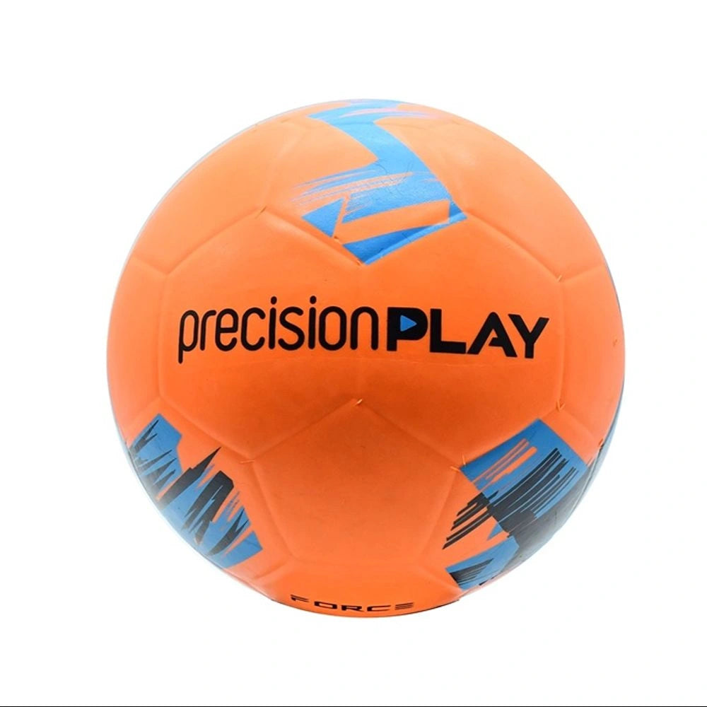 Orange soccer ball with blue accents and 'precisionPLAY' branding on a white background