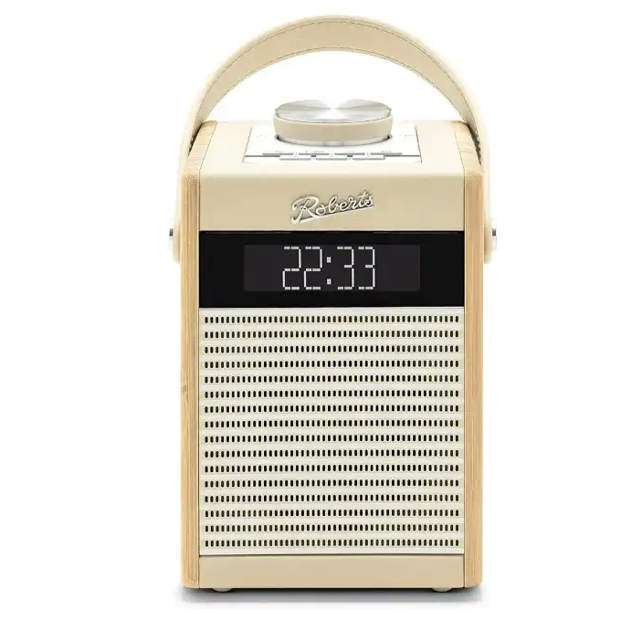 Roberts Rambler Midi pastel cream DAB+ FM radio with Bluetooth featuring digital display showing 22:33, metal speaker grille, carrying handle and tuning dial on top