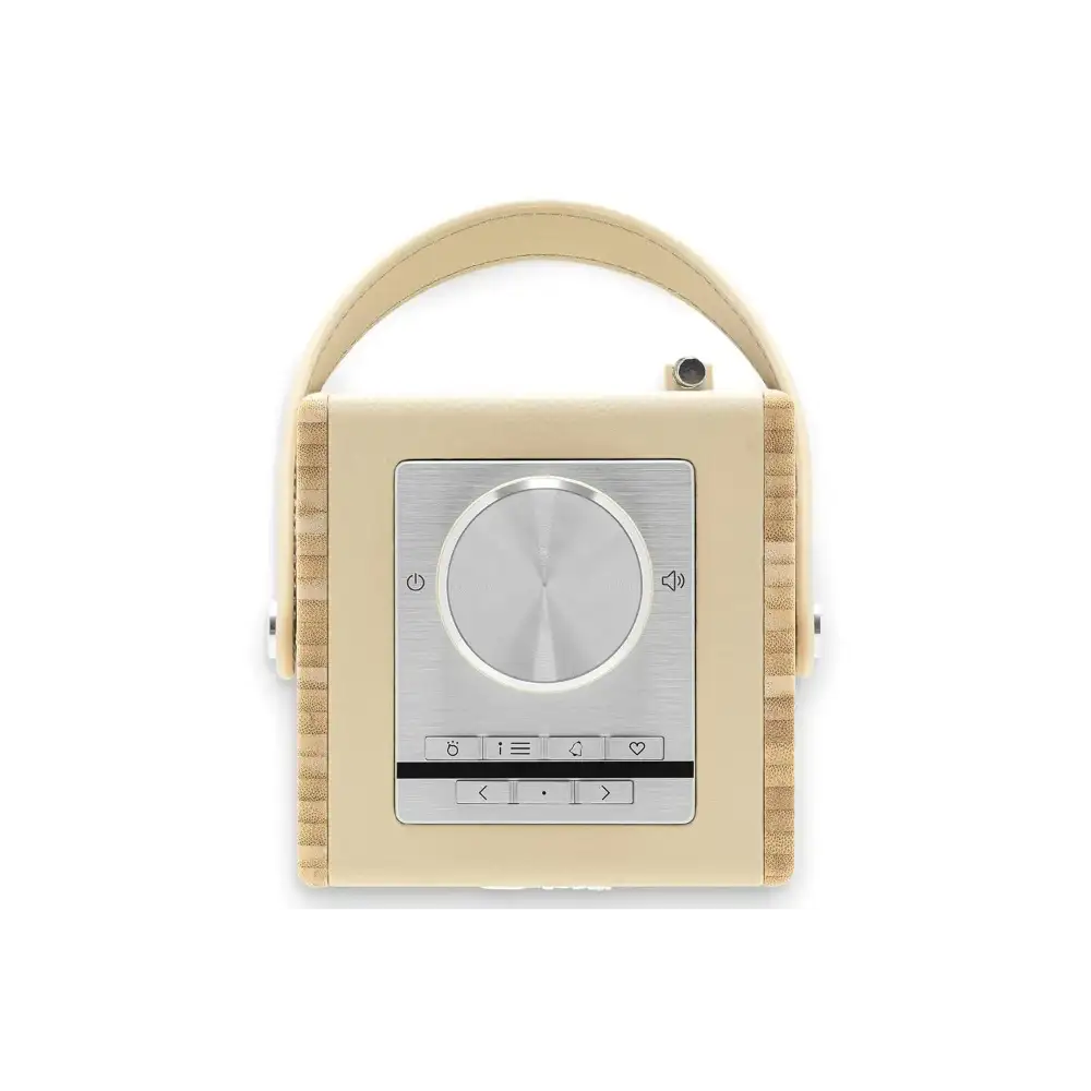 Roberts Rambler Midi DAB+ FM radio with Bluetooth in pastel cream featuring a large volume dial, fabric-wrapped sides, metallic control panel with buttons and navigation arrows, and carrying handle on white background
