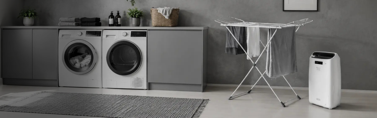 A modern laundry room scene showing a pair of front-loading washing machines, a metal folding clothes rack with hanging garments, a white portable air conditioner or heater, and a gray rug against a gray wall.