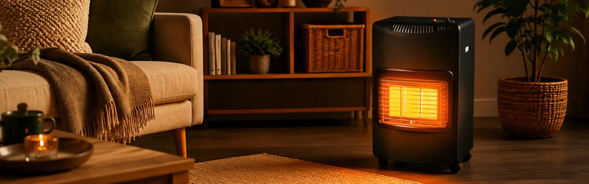 A black portable electric heater with glowing orange heating elements, set in a cozy living room next to a beige sofa and potted plants.