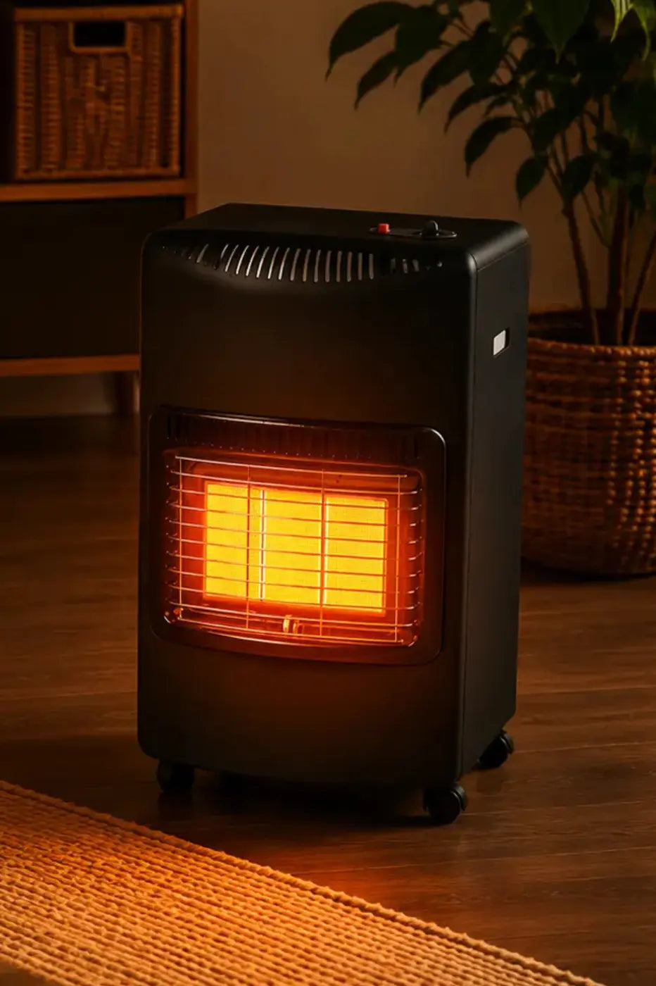 A black portable electric heater with glowing orange heating elements, shown on a wooden floor in a cozy room setting with a plant in the background.