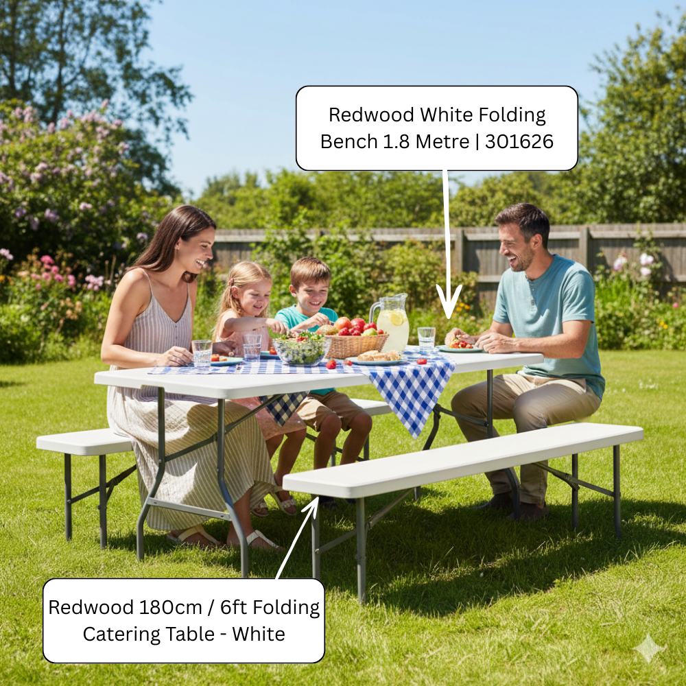 Family enjoying a picnic on a white Redwood 180cm folding catering table with matching benches in a sunny garden, featuring food, drinks and a blue checkered tablecloth
