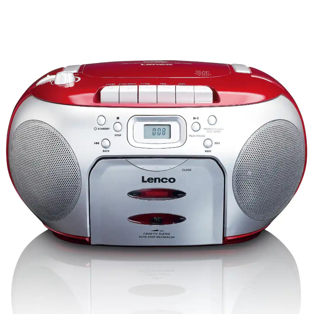 Lenco SCD-420RD portable boombox with red and white design featuring CD and cassette player, dual speakers, digital display and control buttons