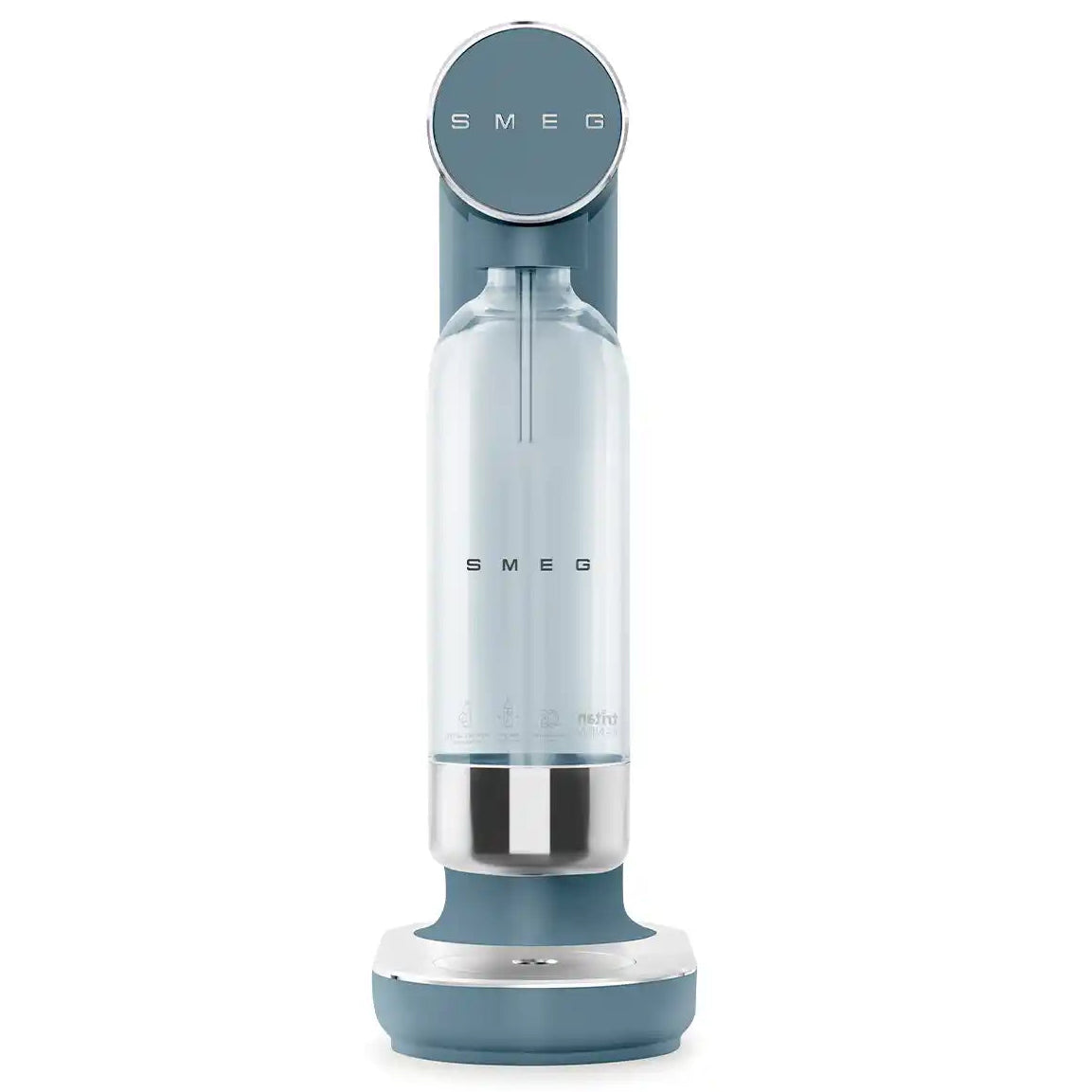 Smeg Sparkling Water Soda Maker in Storm Blue with chrome accents, featuring a clear glass bottle with stainless steel base and teal-colored top and bottom components