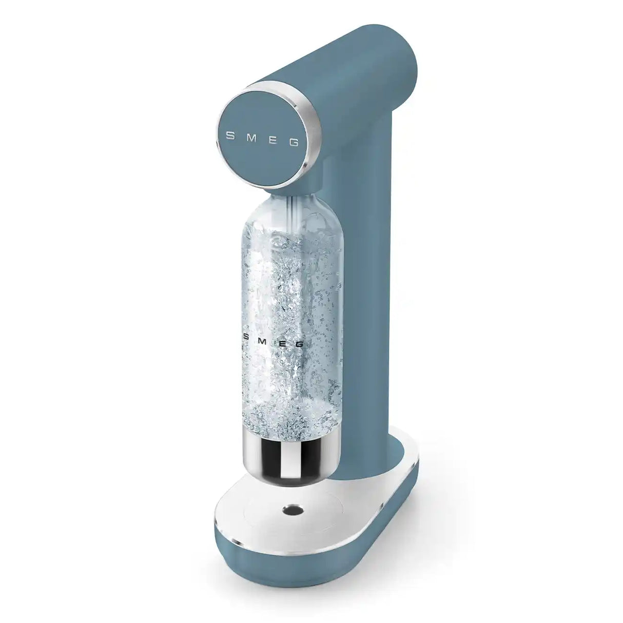 Smeg SKC01 sparkling water soda maker in storm blue with white base, featuring a teal cylindrical body, chrome control knob, and transparent CO2 cartridge filled with carbonated water