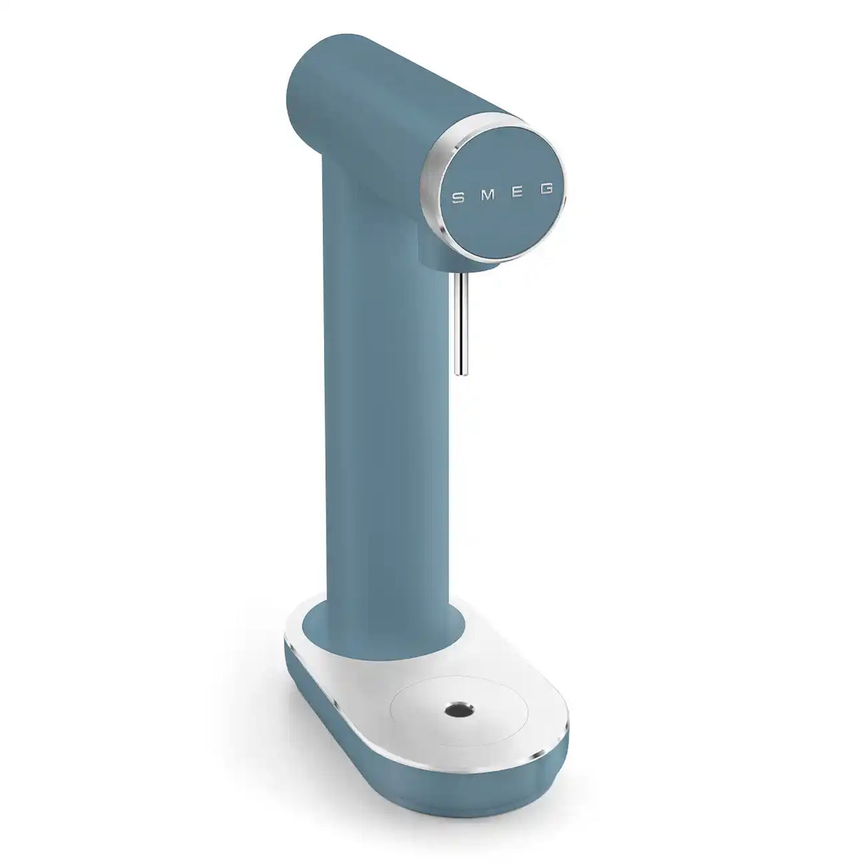 Smeg Sparkling Water Soda Maker in storm blue and white with circular control dial and stainless steel accents, featuring a tall cylindrical body on a rounded base
