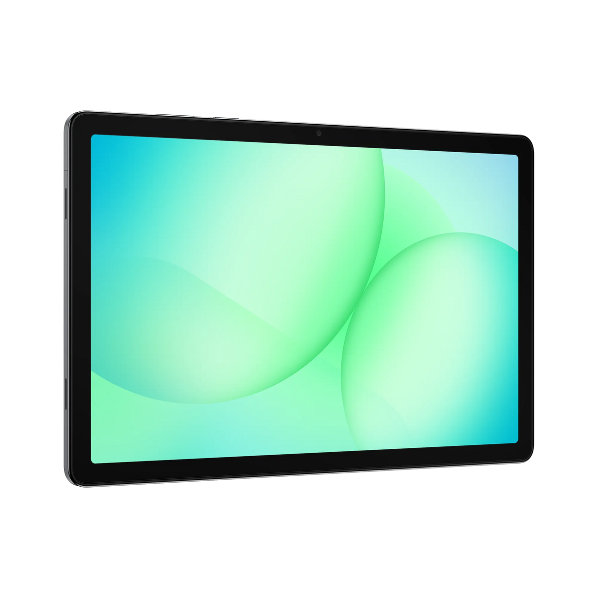 Samsung Galaxy Tab A11+ 11 inch 5G tablet with 128GB storage displayed at an angle showing the black frame and turquoise green gradient wallpaper on the screen