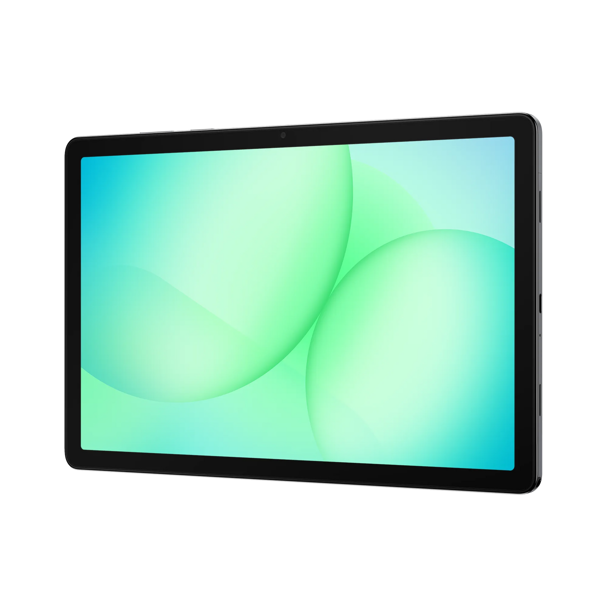 Samsung Galaxy Tab A11+ 11 inch tablet with grey black bezel displaying turquoise and green gradient wallpaper on screen, shown at angle against white background