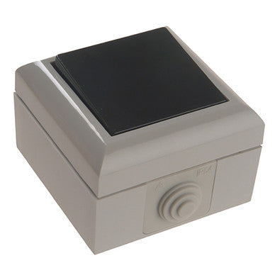 Single gang 2 way outdoor light switch with IP54 rating, grey plastic weatherproof housing with black switch panel and cable entry grommet