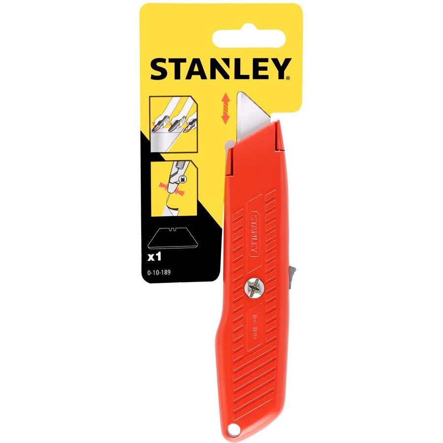 Stanley Springback Safety Knife in red plastic with retractable blade, featuring product packaging and usage instructions on yellow card backing