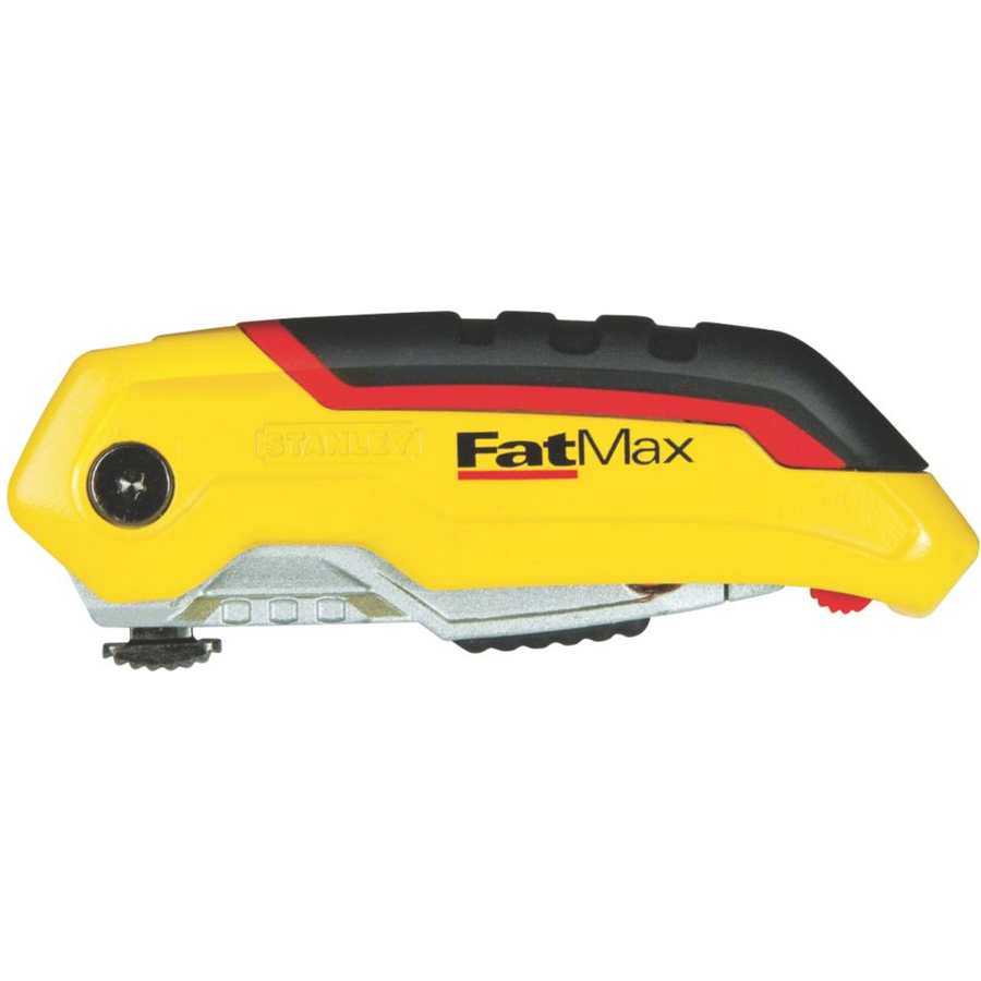 Stanley FatMax yellow and black retractable folding utility knife with silver metal blade guard and red accent stripe on black top handle against white background