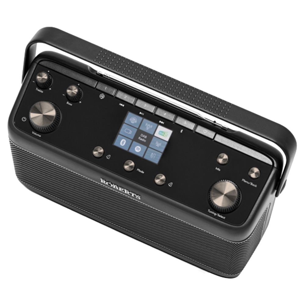 Roberts Stream 219 black portable internet radio with textured fabric speaker front, metal control knobs, small touchscreen display, carry handle and chrome trim details