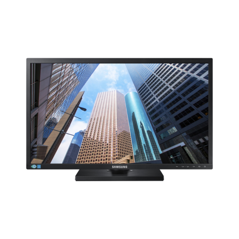 Samsung 24 inch black computer monitor displaying cityscape image with tall buildings and blue sky on screen
