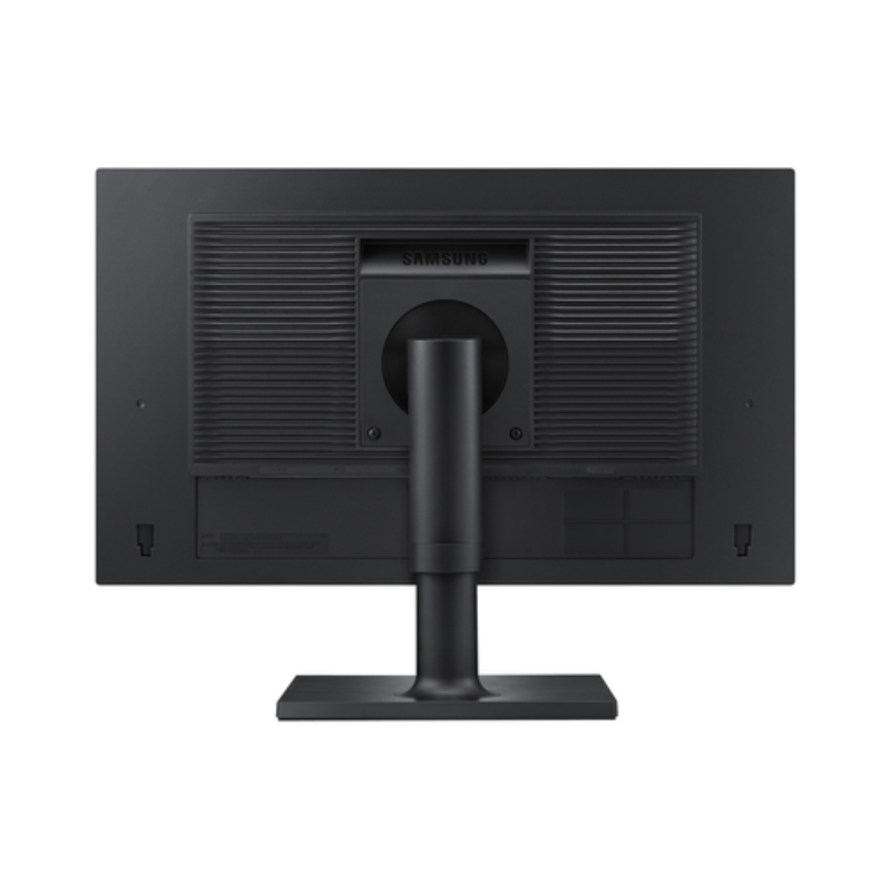 Back view of Samsung 24 inch computer monitor with black bezel and stand showing Samsung branding and ventilation grilles