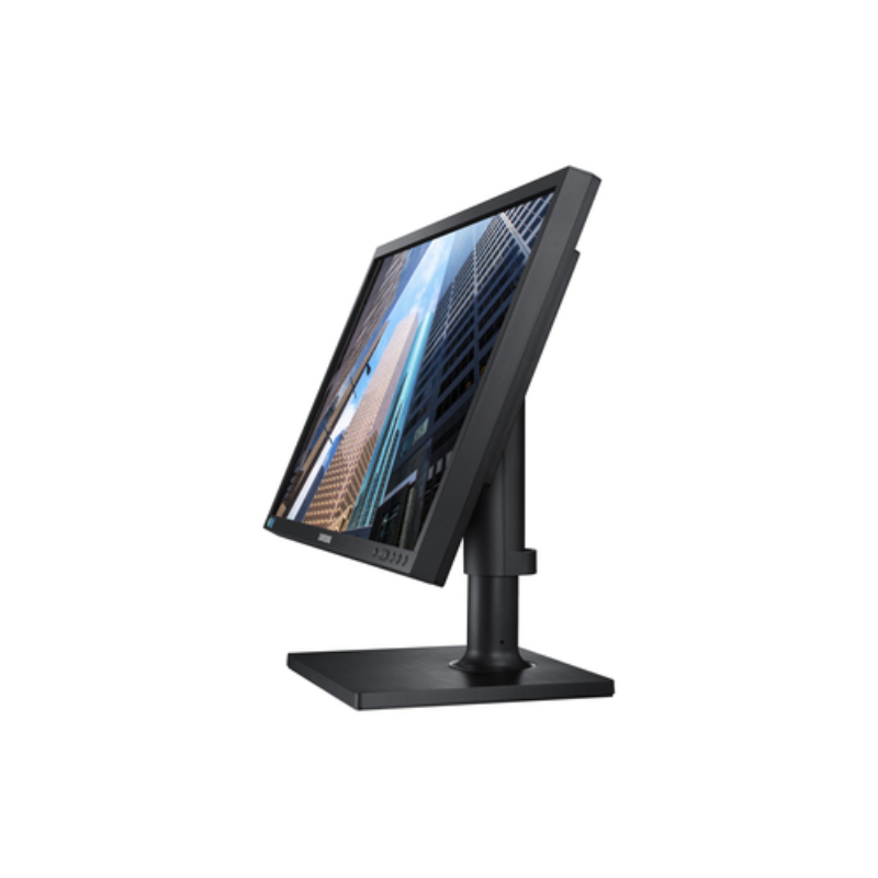 Samsung S24E450F 24 inch black computer monitor displaying cityscape image on tilted stand against white background