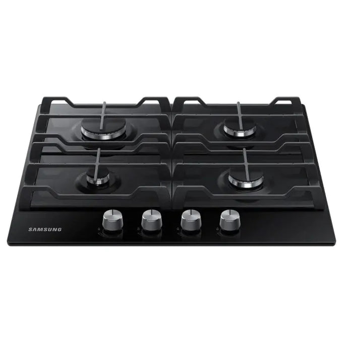 Samsung 60cm black glass gas hob with four burners and chrome control knobs