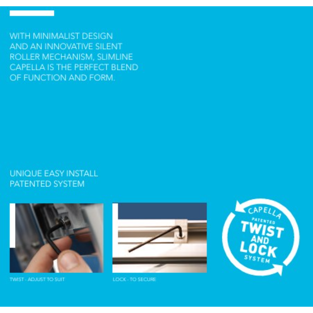 Flair Slimline Capella pivot door product information graphic on bright blue background showing minimalist chrome design, patented twist and lock installation system with close-up images of adjustment mechanism and secure locking feature for 800mm to 1200mm door sizes