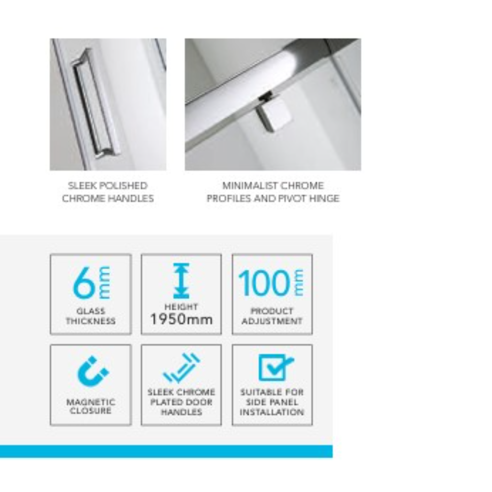 Flair Slimline Capella pivot door with sleek polished chrome handles and minimalist chrome profiles, 6mm glass thickness, 1950mm height, 100mm product adjustment, magnetic closure, suitable for side panel installation