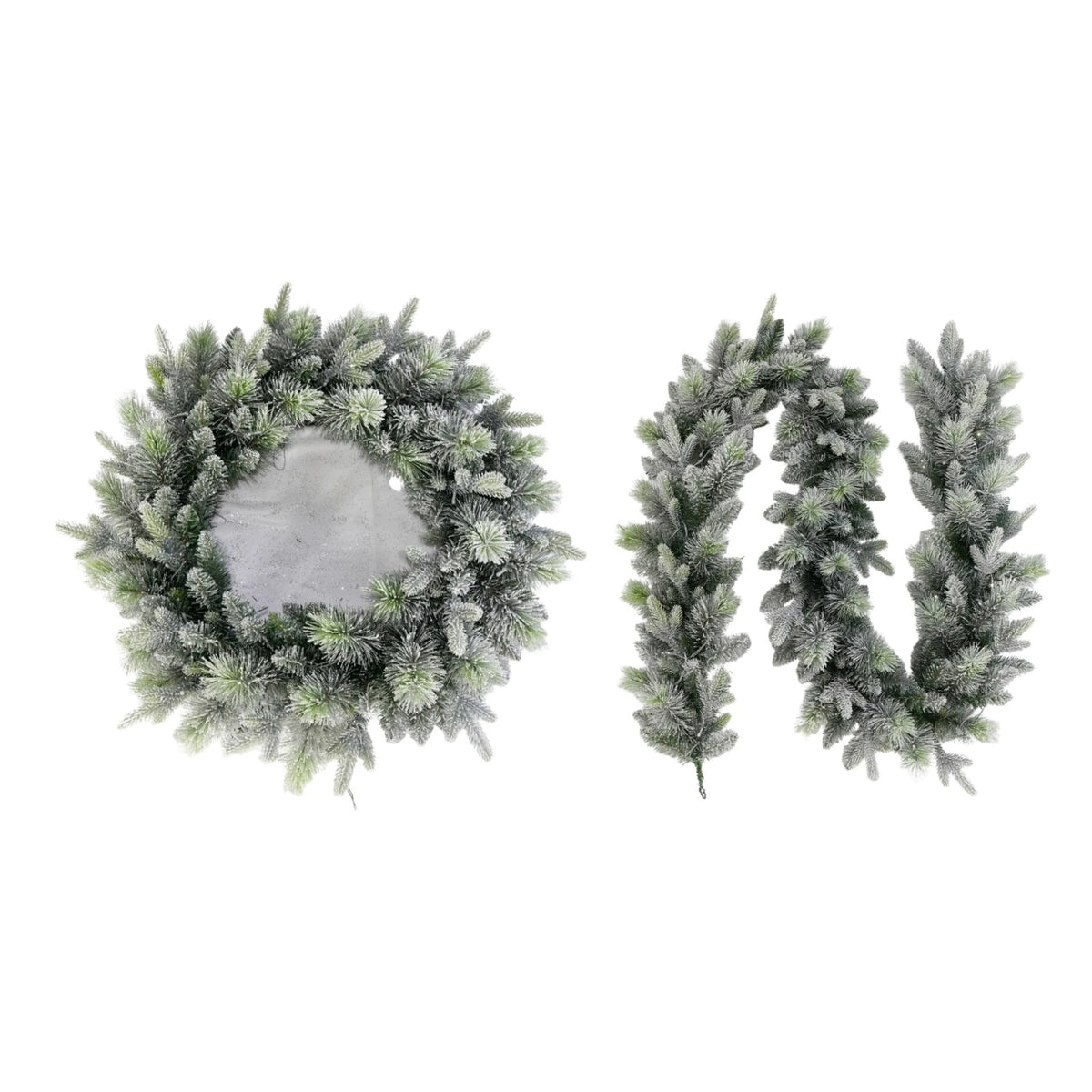 National Tree Company Snowy Stamford 76cm Christmas wreath beside the matching 9ft Snowy Stamford garland, both with frosted green foliage, on a white background