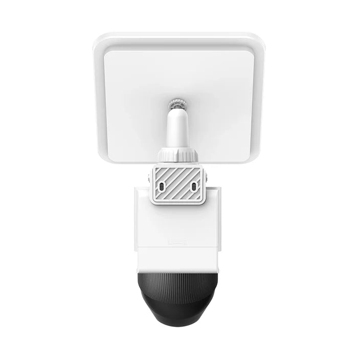 White outdoor security camera with black base on a white background