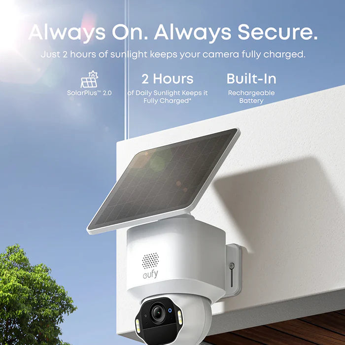 Solar-powered security camera with a clear blue sky background, featuring text about battery life and solar panel efficiency.