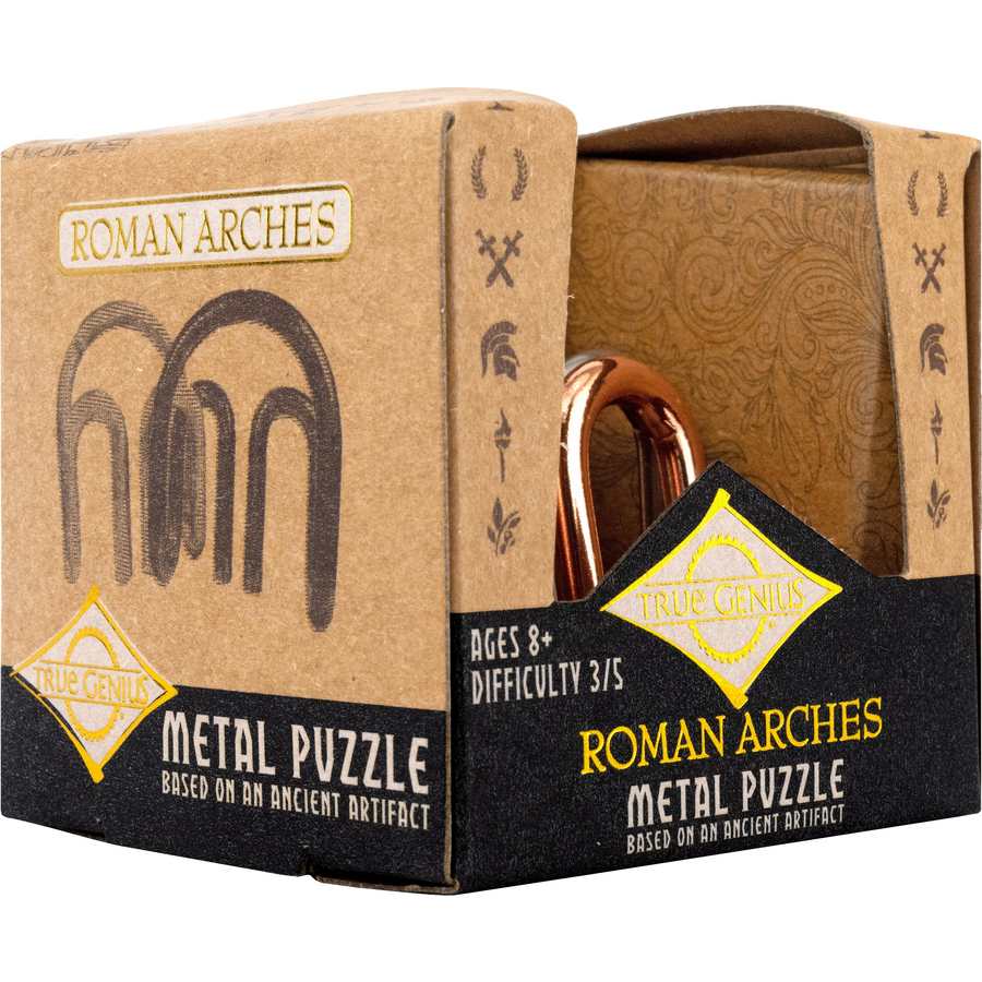 True Genius Roman Arches metal puzzle in cardboard packaging showing bronze arch design, difficulty 3/5, ages 8+, based on ancient artifact brainteaser toy