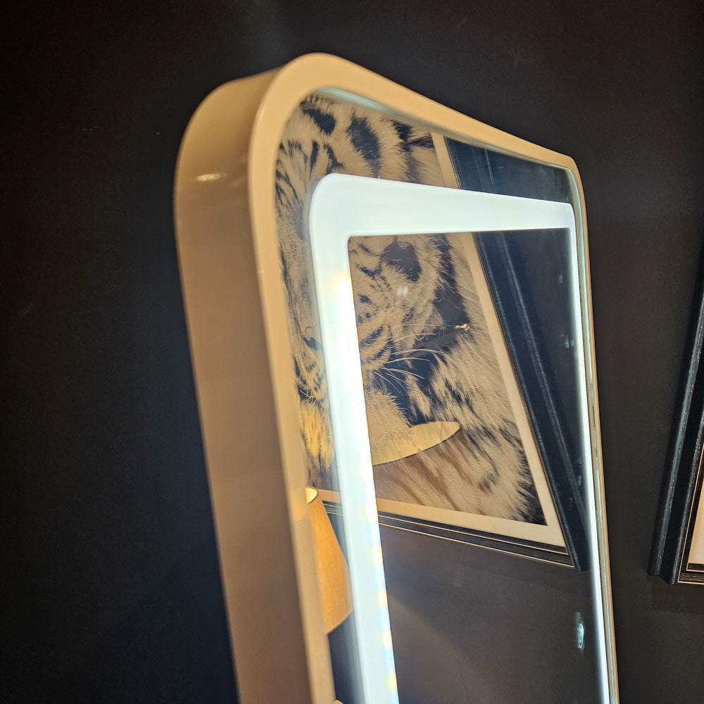 White LED cheval mirror with curved top displaying tiger print artwork reflection, modern contemporary design standing against dark background