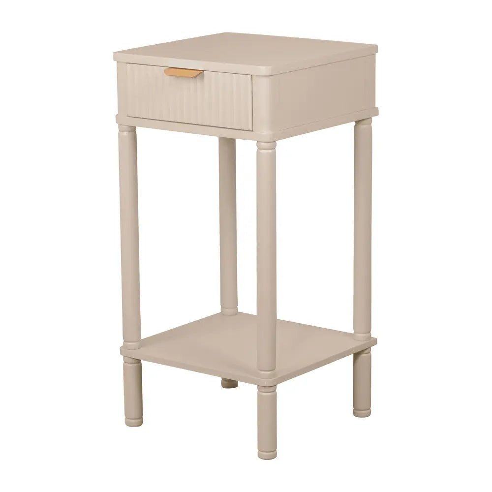 Tara Lane Parson 1 Drawer Accent Table in oyster cream with turned wooden legs, single drawer with wood handle, and lower shelf storage