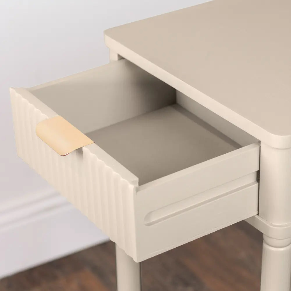 Tara Lane Parson 1 Drawer Accent Table in oyster white with open drawer showing natural wood handle and grey interior lining on dark wood flooring