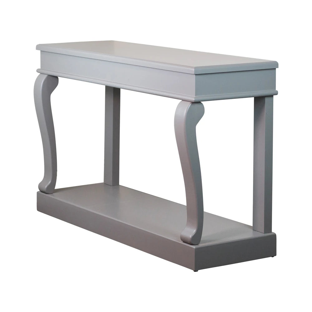 Tara Lane Scroll Console Table 130cm in mink grey finish featuring curved side supports, lower shelf and straight legs on rectangular base
