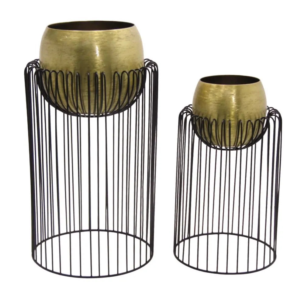 Tara Lane Misha Planters with Stand Set of 2 - Black / Brass | TL6923