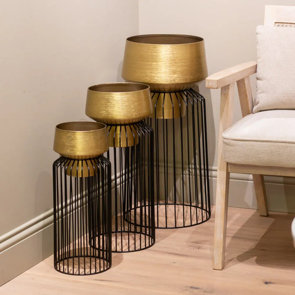 Tara Lane Lisa Planters with Stand Set of 3 - Black / Brass | TL6925