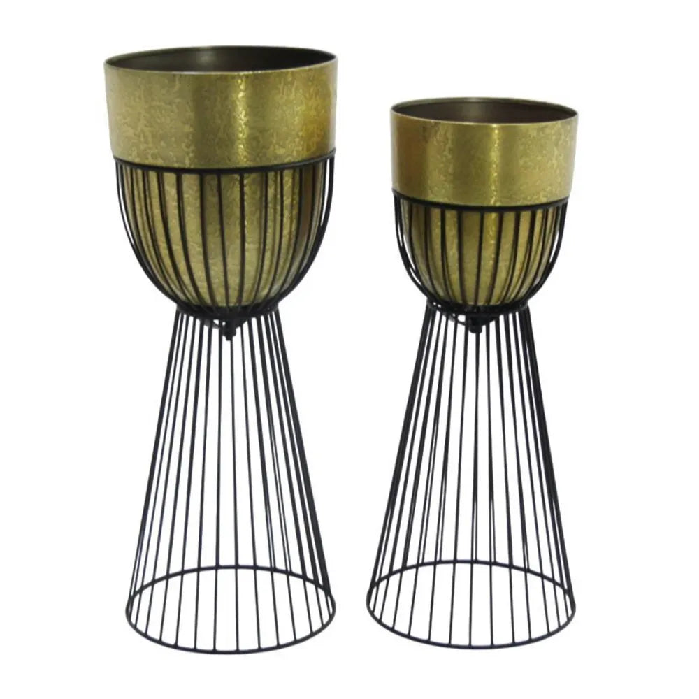 Tara Lane Sana Planters with Stand Set of 2 - Brass / Black | TL6927