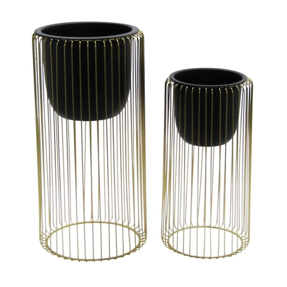 Tara Lane Ria Planters with Stand Set of 2 - Black / Gold | TL6931