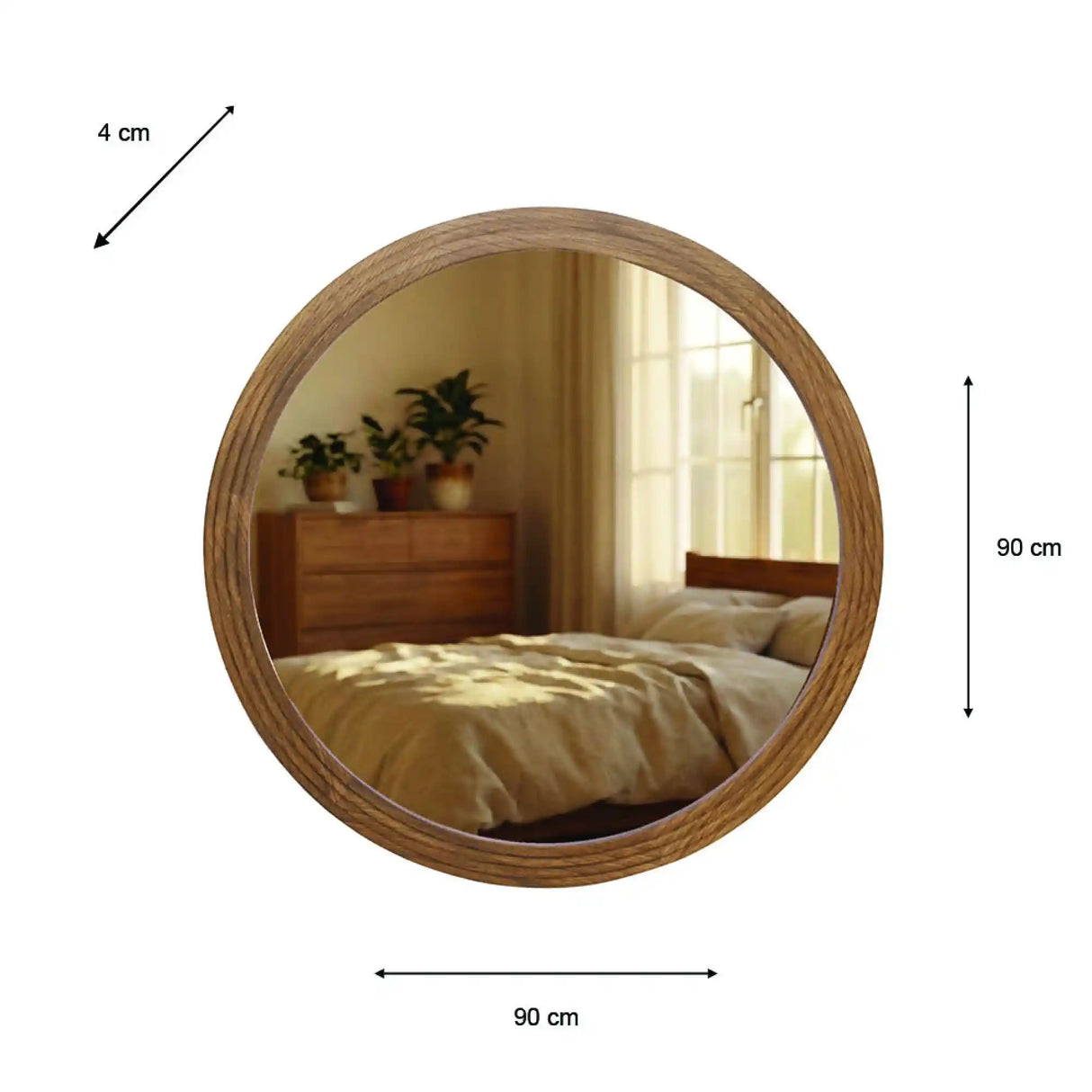 Round wooden wall mirror with natural wood frame reflecting a bedroom interior, 90cm diameter, shown with scale reference of 4cm