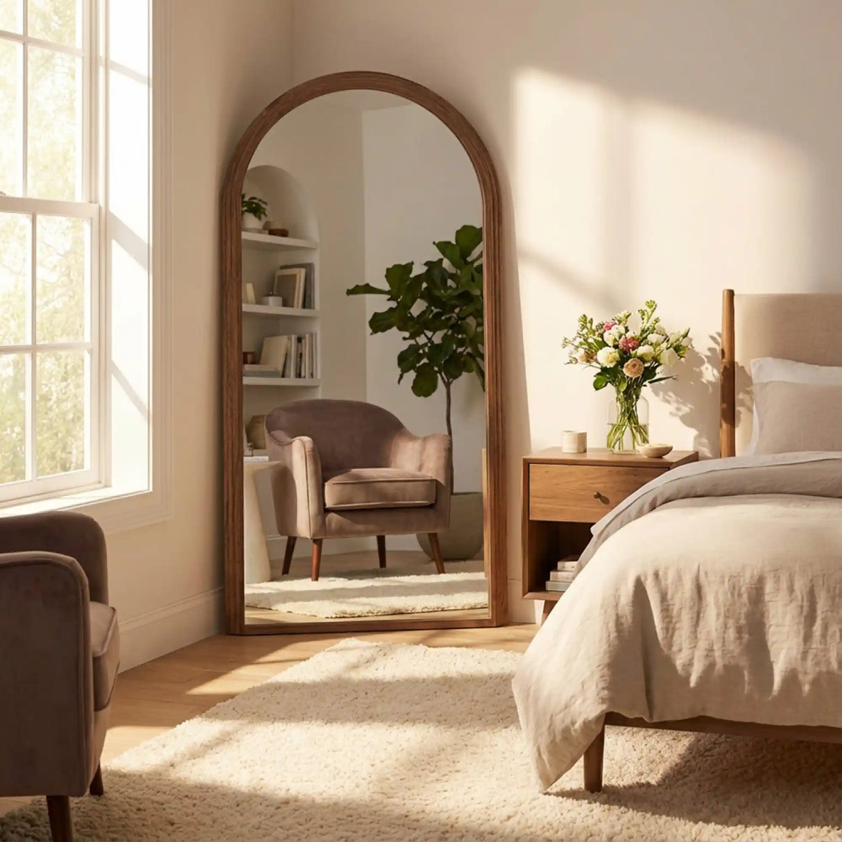 Tara Lane natural wood arched leaner mirror 80cm x 180cm in modern bedroom with cream bedding, wooden nightstand with flowers, and beige upholstered armchair reflected in mirror