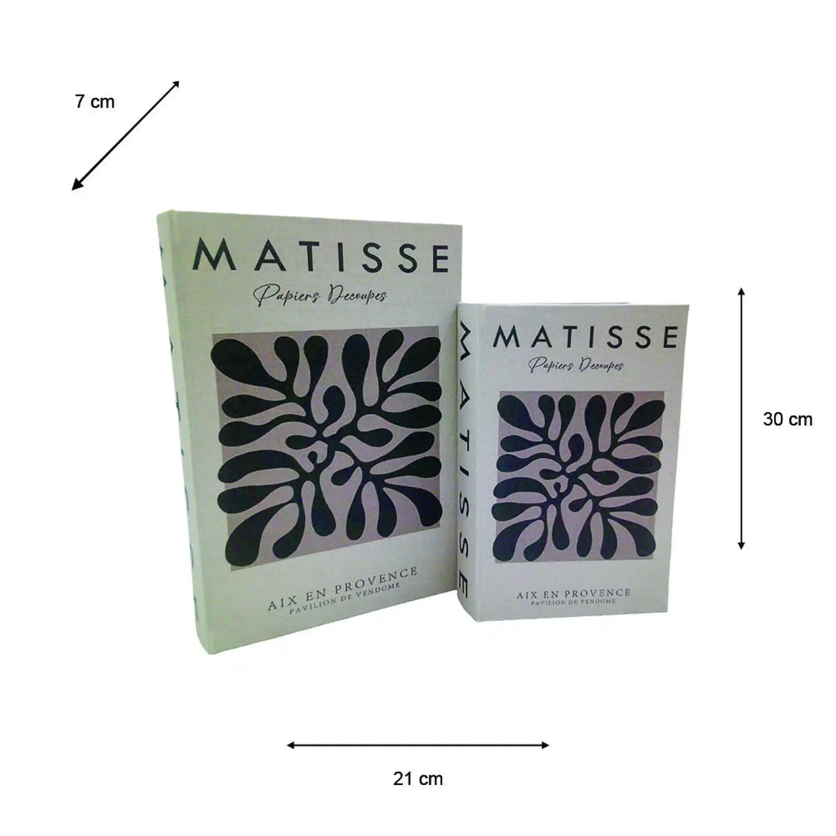 Two stacked Matisse Papiers Découpés hardcover books with cream and lavender covers featuring black abstract leaf designs, displayed with dimension measurements of 21cm width and 30cm height, styled against a white background