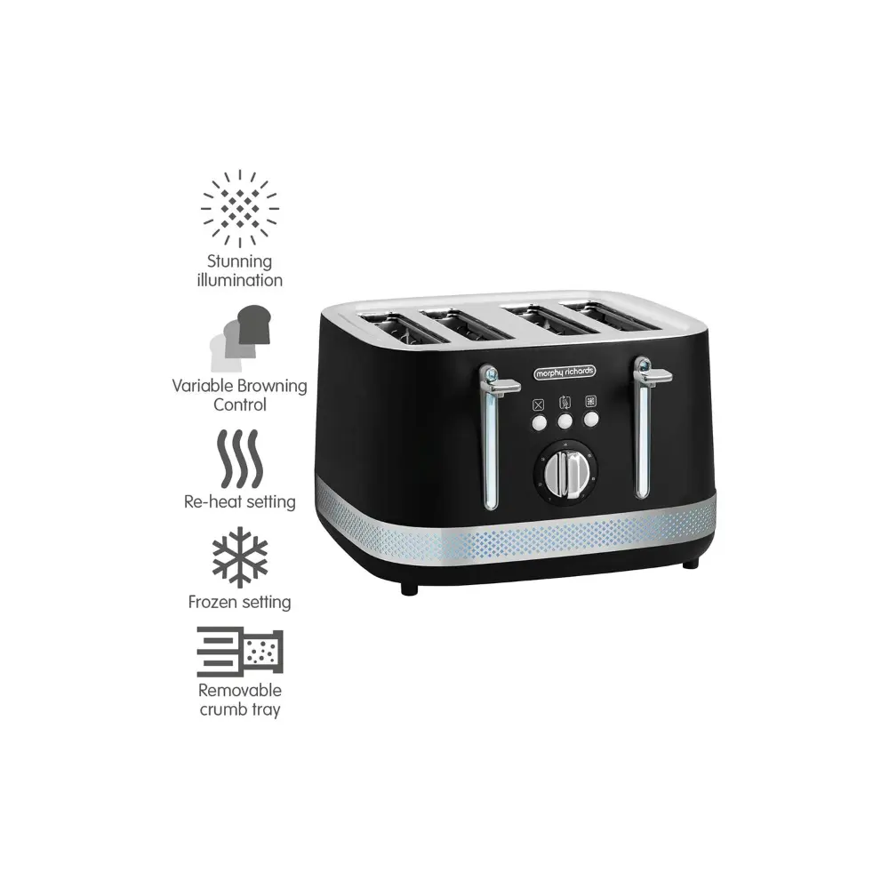 Morphy Richards Illumination 4 slice toaster in black with chrome handles, featuring stunning illumination, variable browning control, re-heat setting, frozen setting, and removable crumb tray, displayed against white background with feature icons