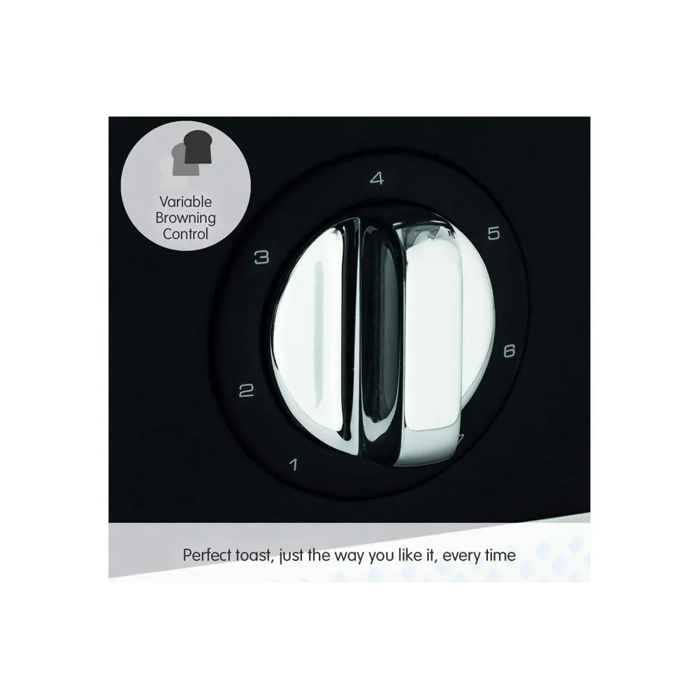 Morphy Richards Illumination 4 slice toaster in black with chrome accents featuring variable browning control dial numbered 1-7 and illuminated slot design