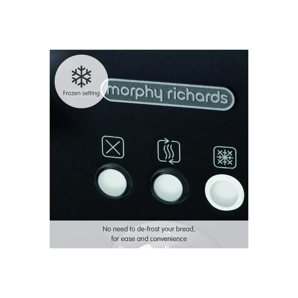 Morphy Richards Illumination 4 slice black toaster showing frozen setting control panel with three illuminated buttons for defrost cancel reheat and frozen bread functions