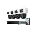 Security camera system with four cameras and a hard drive on a white background