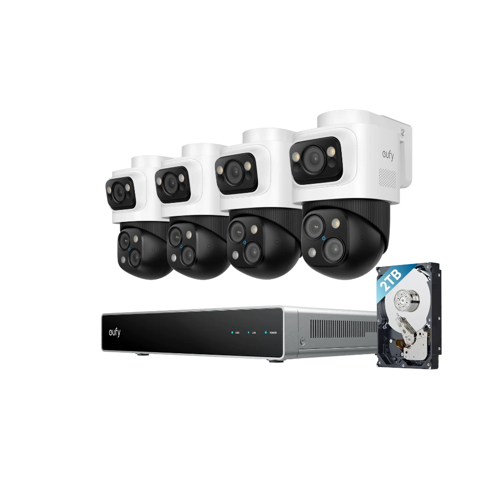 Security camera system with four cameras and a hard drive on a white background