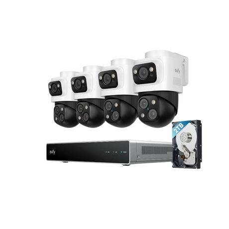 Security camera system with four cameras and a hard drive on a white background