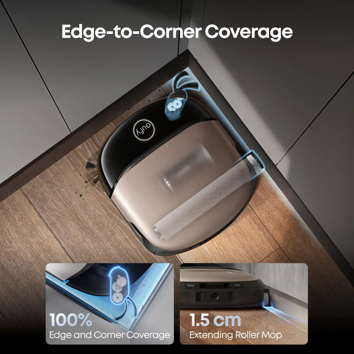 Eufy Omni S2 robot vacuum demonstrating edge-to-corner coverage with 100% edge and corner coverage and 1.5cm extending roller mop, shown in overhead view on wooden floor with gray ceiling, includes close-up detail shots of the mop mechanism and extending roller