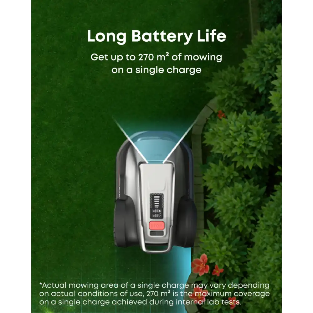 Overhead view of Eufy E18 robotic lawn mower on green grass highlighting long battery life with up to 270 m² mowing coverage on single charge, featuring white and black chassis with red power button and battery indicator display